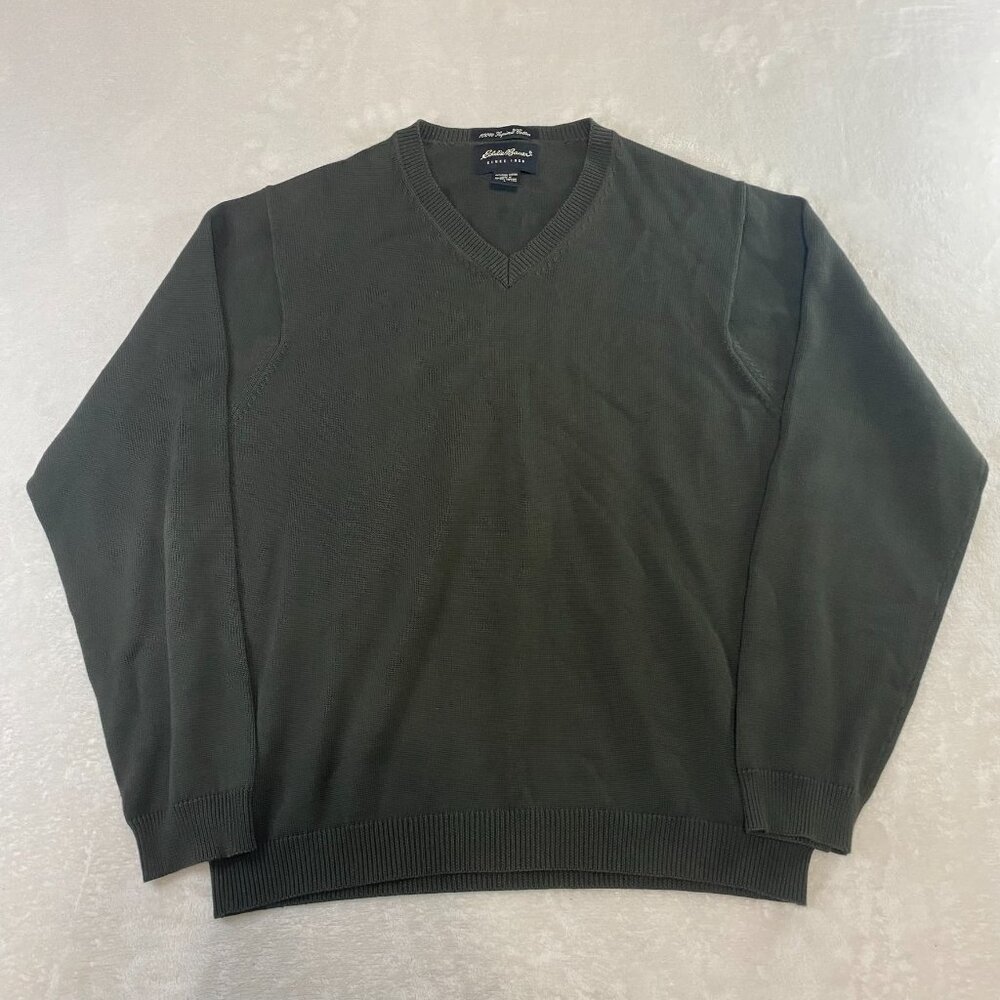 Eddie Bauer Men's Supima Cotton V Neck Solid Olive Army Green Knit Sweater L